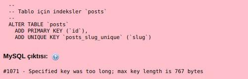 MySQL "Specified key was too long" Hatası